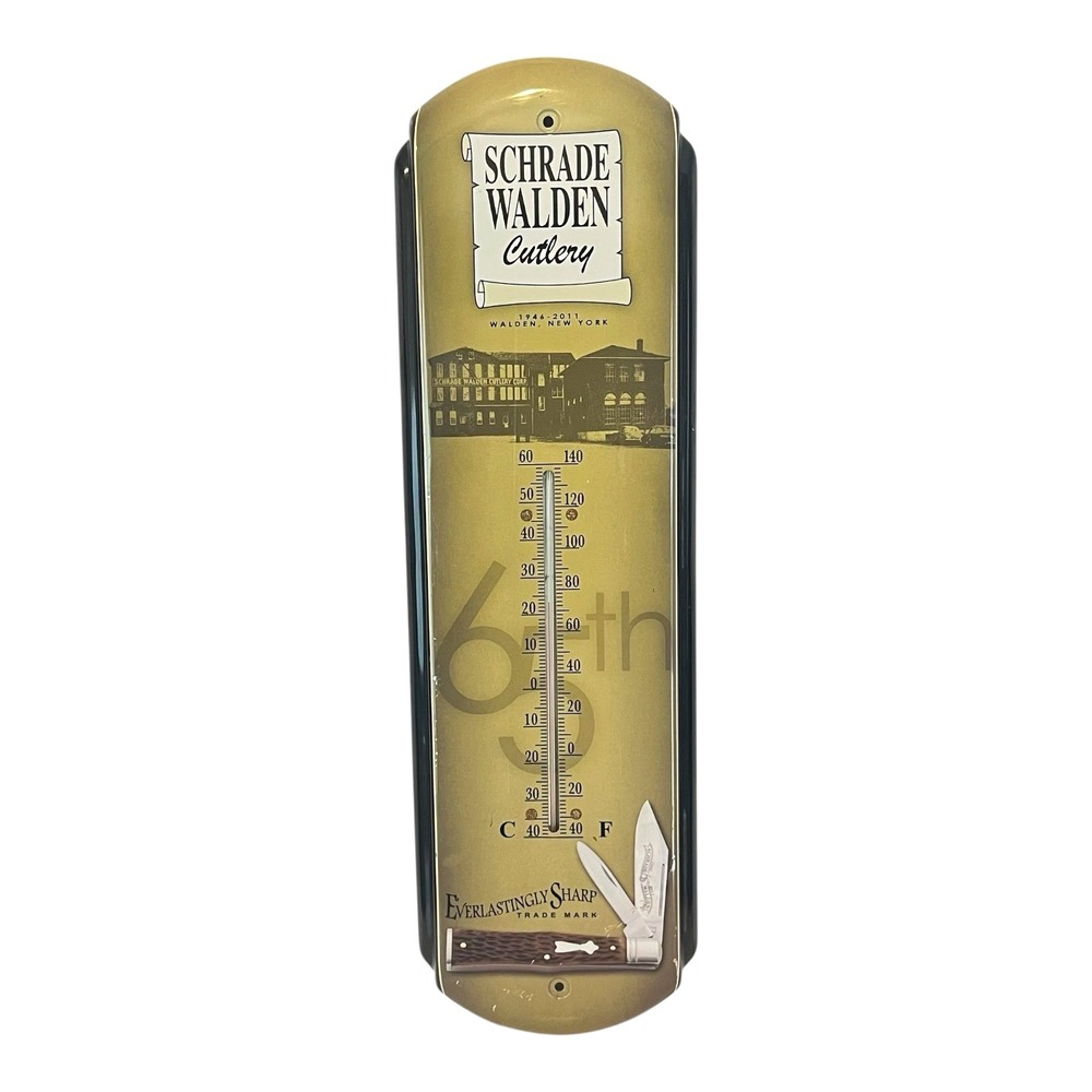 Vintage Schrade Walden Cutlery Metal Thermometer Advertising Wall Sign 17.5x4.5"